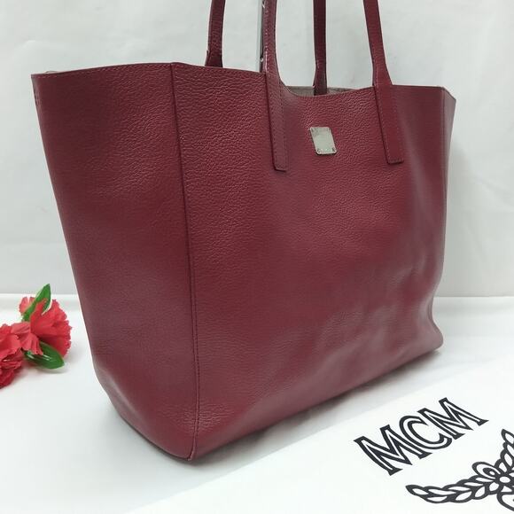MCM Wandel Red Ruby Tan Leather Reversible Double Handle Shopper Tote Bag - Picture 5 of 16